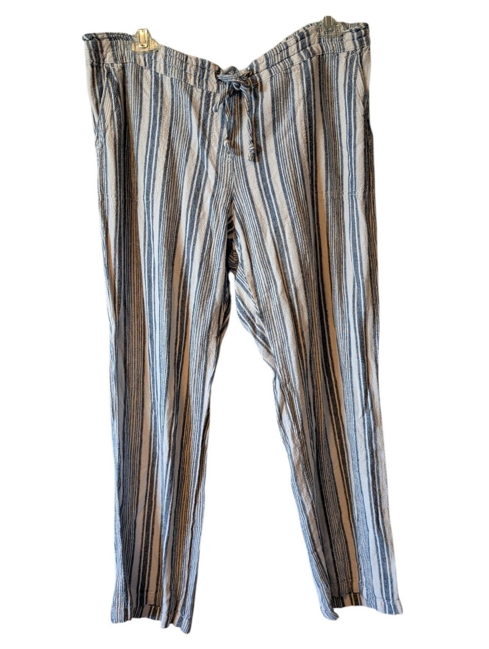 Per Se Striped Drawstring Linen Viscose Pants - White & Blue Sz. L